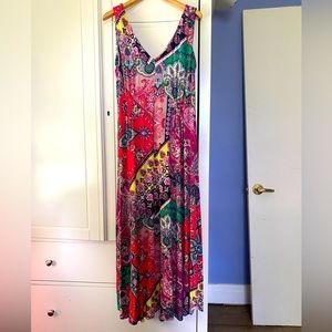 Monsoon maxi colorful jersey flattering summer dress size large Vneck sleeveless
